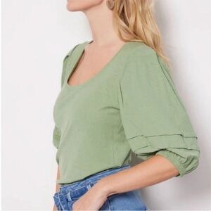 NATION LTD Women’s Nigella Scoop Neck Green Puff Sleeves Pima Cotton Top. Size S